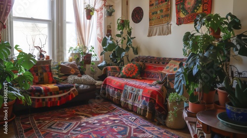 Wallpaper Mural living room is filled with vibrant textiles, eclectic decor, and an abundance of houseplants Torontodigital.ca