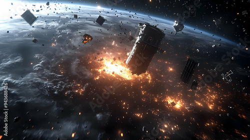 Fototapeta Naklejka Na Ścianę i Meble -  A large space station breaks apart and burns as it re-enters the atmosphere above Earth.