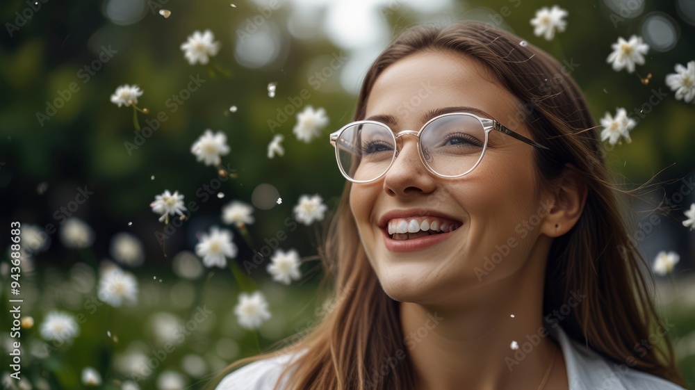 4K close-up of happy woman with glasses outdoors, white flowers and leaves falling, realistic scene 4K close-up of happy woman with glasses outdoors, white flowers and leaves falling, realistic scene