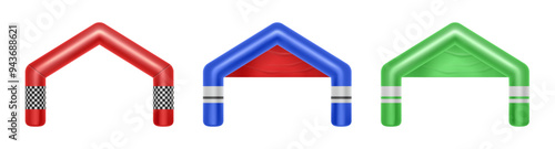 Inflatable start and finish arch for sports competitions. Vector isolated set of realistic archways, gates of triangle shape for outdoors events and sportive challenges. Marathon racing