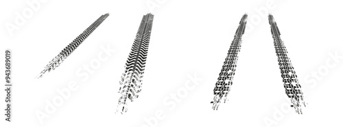 Vehicle tire tracks in distance, perspective of straight lines. Vector isolated set of realistic flat traces on road surface. Automobile transportation traffic imprint for street or highway