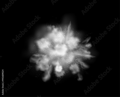Smoke splash with powder and particles. Vector isolated realistic gas or flour burst. Explosion of white dust, stream or fog spray effect. Texture of spatter or blast, cold ice or snow flow
