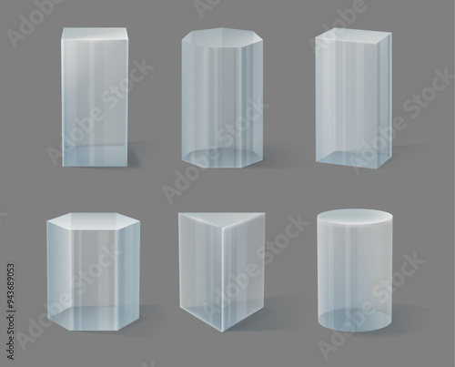 Glass transparent clear stand podium for product display or presentation. Vector isolated set of boxes for goods and advertisement. Showcase in shop, minimalist realistic plastic square and cubes