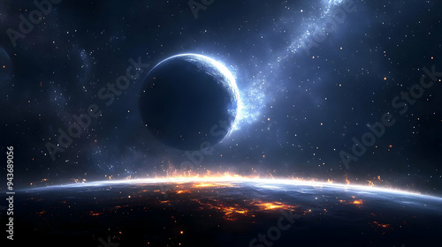 A large, blue planet with a...