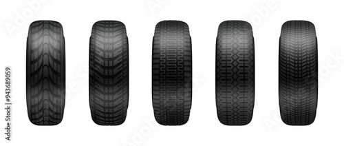 Quality car tires of rubber. Vector isolated set of realistic vehicle tyres, front view of assortment of options in shop. Summer or winter seasonal change for automobile. Automotive accessories
