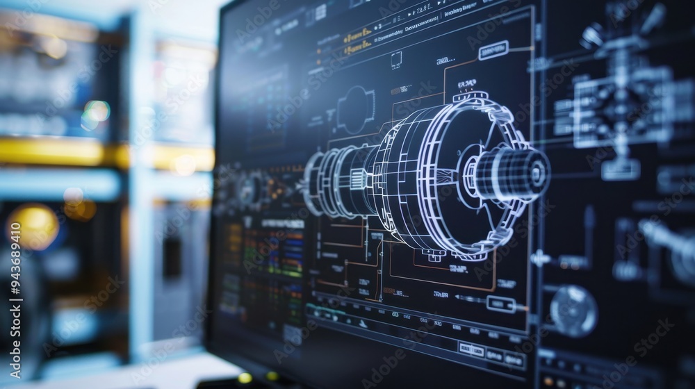 Close-up of a computer screen displaying complex CAD software, used in modern engineering and design processes Close-up of a computer screen displaying complex CAD software, used in modern engineering and design processes