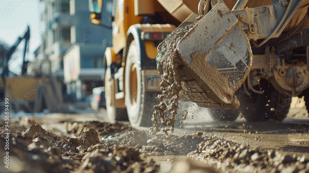 Close-up of a concrete mixer truck pouring foundation at a construction site, symbolizing the start of a civil project Close-up of a concrete mixer truck pouring foundation at a construction site, symbolizing the start of a civil project