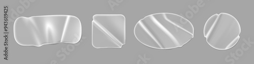 Transparent round adhesive stickers mock up set. Vector isolated plastic crumpled square sticky label with glued effect. Template of price tags for shop. Realistic wrinkled glossy banners