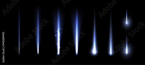 Falling celestial body with trail and tails. Vector isolated set of realistic star or comet, asteroid shining and glowing in darkness. Cosmos and stardust effect, glittering and shimmering