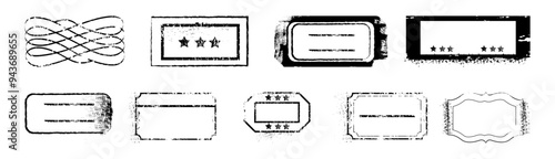 Postal and travel stamps collection. Vector isolated set of realistic black ink square shapes with empty space for copy space. Vintage and retro banners with notes, international cargo shipment