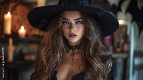 Stylish witch with dark makeup in Halloween decor