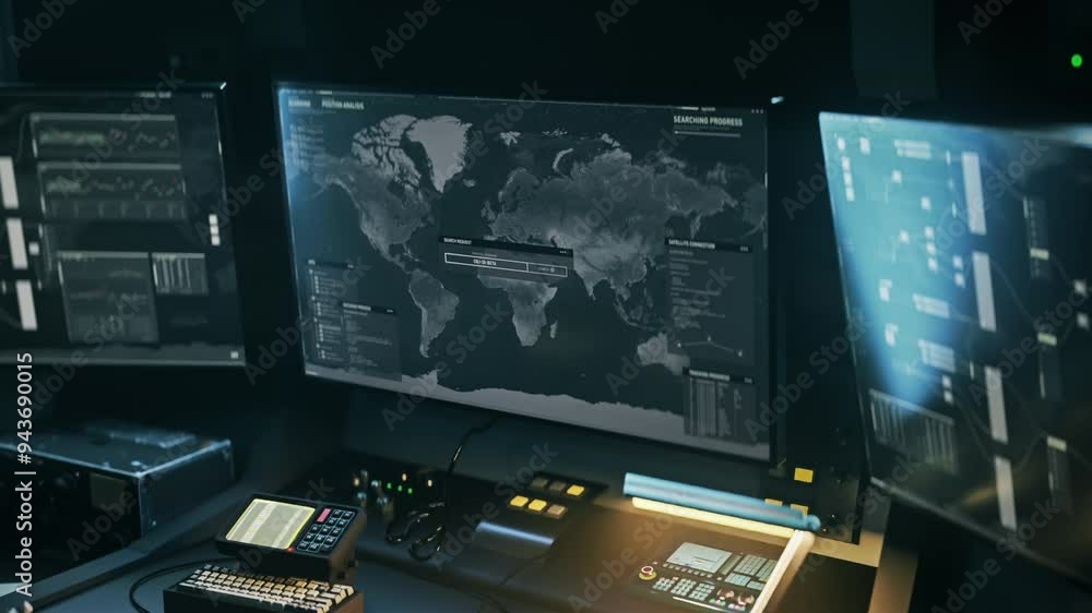 Modern military radar software scanning the elements on the digital world globe. Army radar inspecting the elements on the Earth globe. Radar examining the elements on the globe map.