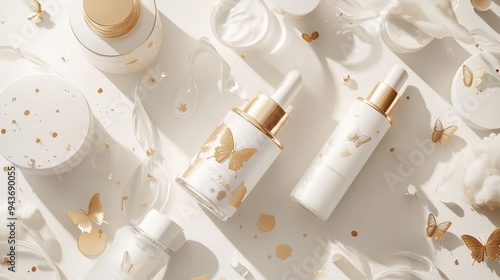 Wallpaper Mural White and gold skincare packaging with embossed butterfly designs, featuring glass bottles, ceramic jars, and cosmetic accessories, wide-angle lens capture Torontodigital.ca