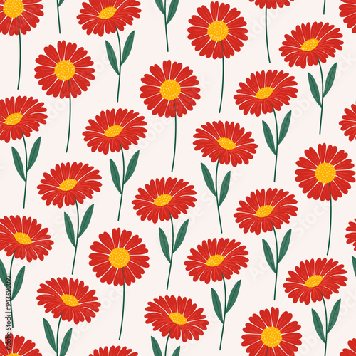 Seamless pattern with red gerbera flowers on a beige background. Summer floral vector illustration. Bright spring botanical print, modern style design