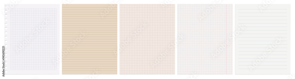Fototapeta premium Realistic square, lined paper blank sheets set. Art design lines, abstract concept graphic element torn of white, lined and squared note, notebook paper. Grid page notebook with margin