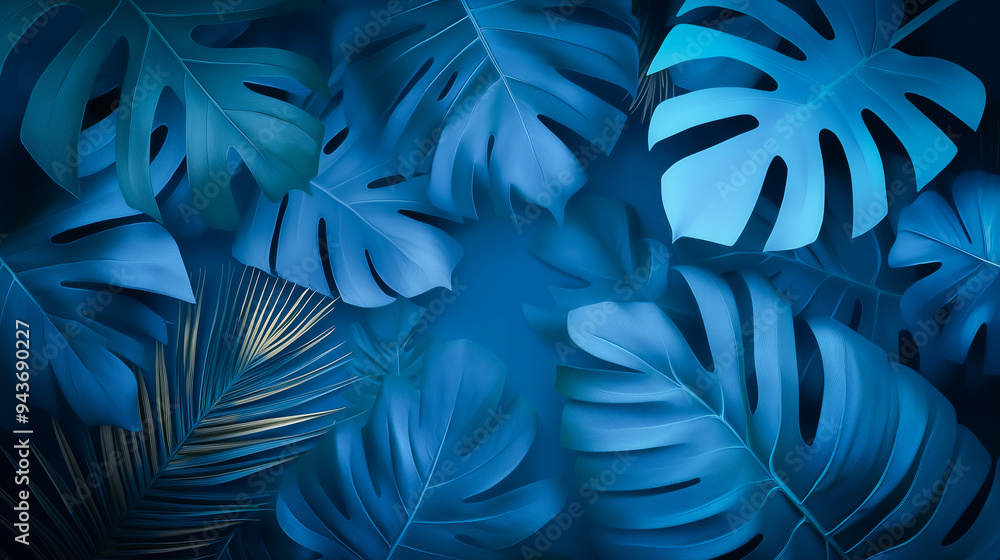 Vibrant collection of tropical leaves in various shades of blue, arranged in a dynamic pattern, creating a visually striking and modern botanical design. Vibrant collection of tropical leaves in various shades of blue, arranged in a dynamic pattern, creating a visually striking and modern botanical design.