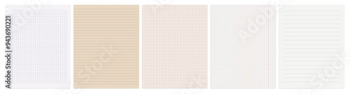 Realistic square, lined paper blank sheets set. Art design lines, abstract concept graphic element torn of white, lined and squared note, notebook paper. Grid page notebook with margin