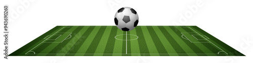 Grass and ball, isolated football field for players. Vector realistic stadium or arena for playing soccer. Competition or sports challenge. Lawn or court for training and practicing activity
