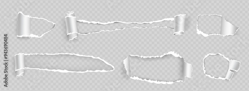 Collection of torn paper. Vector set of holes in cellulose fibers with ragged sides with space for text. Realistic product of wood with ripped edges. Damage leaf of book with cut surface