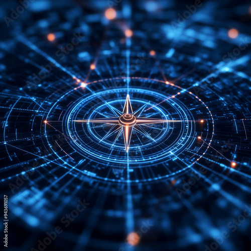 futuristic network of Digital and business transformation connected by lines to a compass shown from birds eye view with front-lighting 