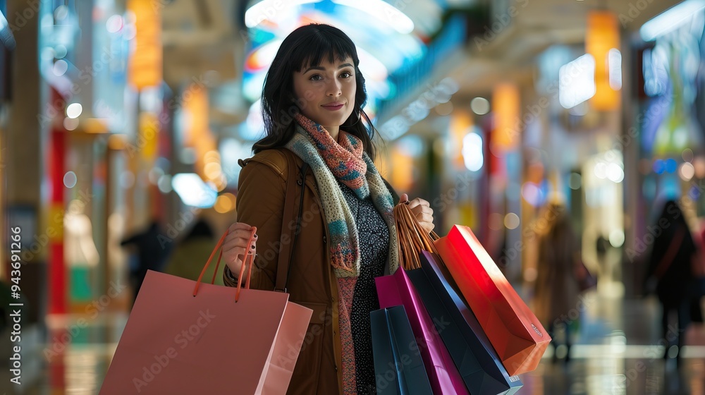 Asian woman shopping in brightly lit mall carrying colorful bags showcasing retail therapy and consumer lifestyle concept Asian woman shopping in brightly lit mall carrying colorful bags showcasing retail therapy and consumer lifestyle concept