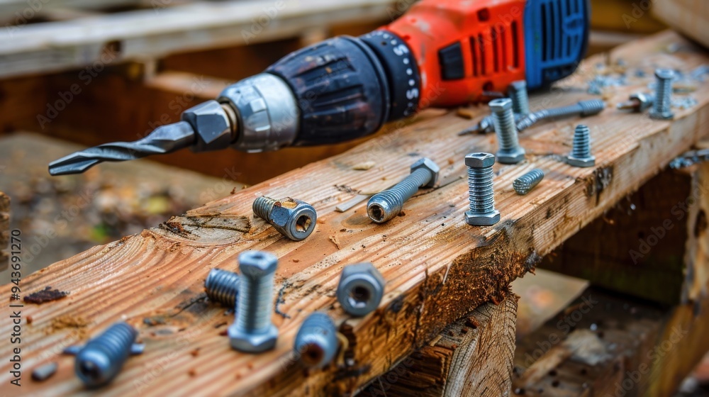 Close-up of a power drill and screws on a wooden beam, symbolizing the tools of construction Close-up of a power drill and screws on a wooden beam, symbolizing the tools of construction