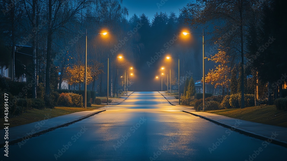 Nighttime view of an asphalt road in a quiet suburban neighborhood, illuminated by soft street lights, Asphalt Road, Peaceful suburban atmosphere