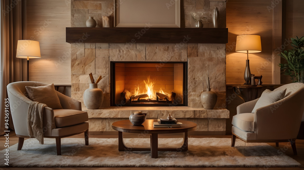 living room with fireplace, ai generated living room with fireplace, ai generated