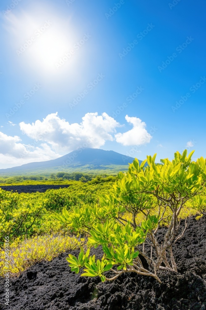 Vibrant green foliage thrives on volcanic soil beneath a radiant sun in a stunning landscape Vibrant green foliage thrives on volcanic soil beneath a radiant sun in a stunning landscape
