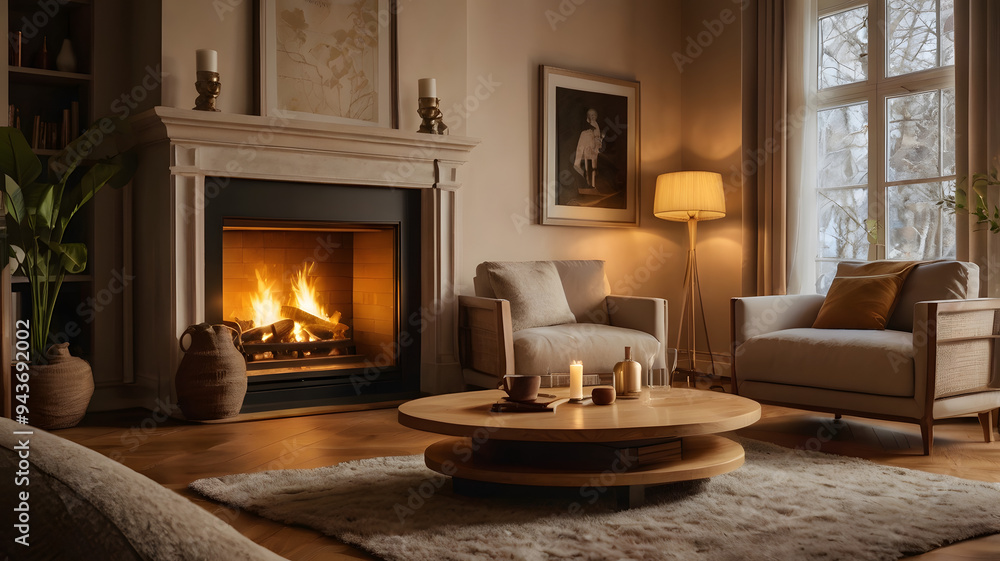 living room with fireplace, ai generated living room with fireplace, ai generated