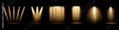 Theater show spotlight effect. Vector lighted stage. Yellowish lamps glow in concert studio. Night award scene. Set of projector transparent light for platforms lighting of podiums and arenas