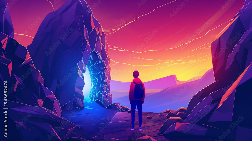 Naklejka premium Traveler looking at neon light glowing through cracked cliff wall, Game background, Illustration