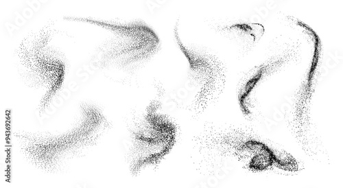 Charcoal or spray splashes, isolated set of grain texture, abstract spraying of fine particles, gradient from dots. Vector dotwork abstract shapes. Stipple sand effect, graininess of minerals