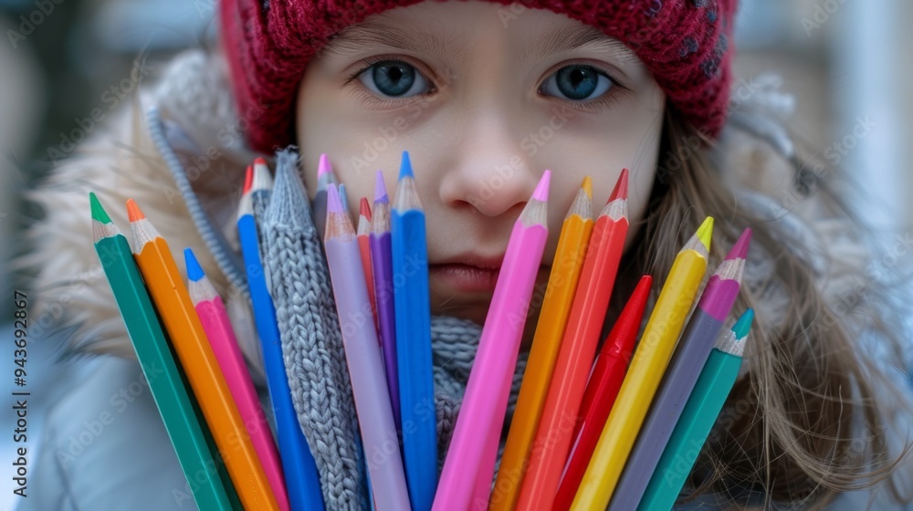 A young girl wearing a red hat is holding a bunch of colorful pencils A young girl wearing a red hat is holding a bunch of colorful pencils