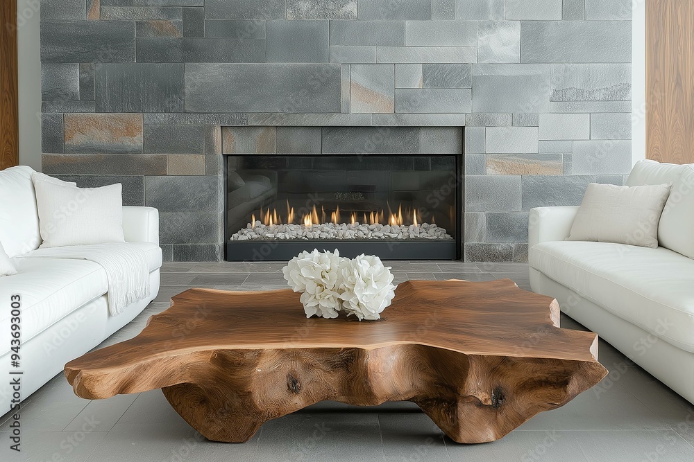Sophisticated Interior Design Featuring a Live-Edge Wooden Table and Modern Fireplace