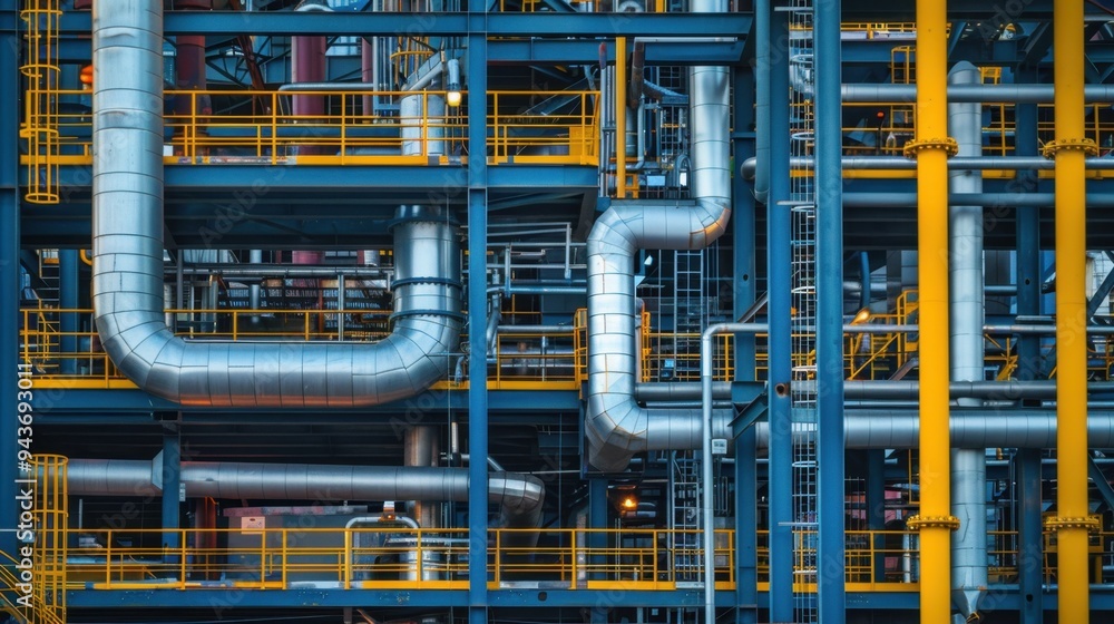 Detailed image of a complex piping system in an industrial setting, showcasing the intricacies of mechanical engineering Detailed image of a complex piping system in an industrial setting, showcasing the intricacies of mechanical engineering