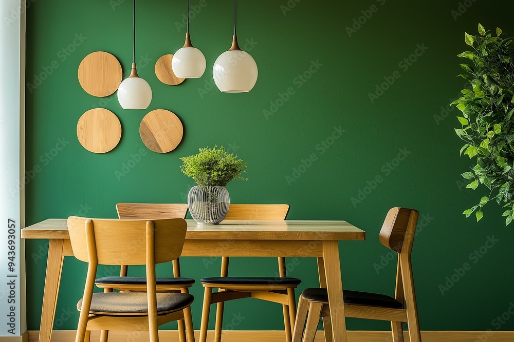 Stylish Modern Dining Room Interior with Green Wall and Wooden Furniture