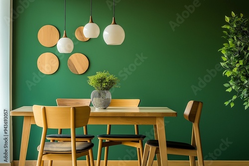 Obraz na płótnie Stylish Modern Dining Room Interior with Green Wall and Wooden Furniture w salonie