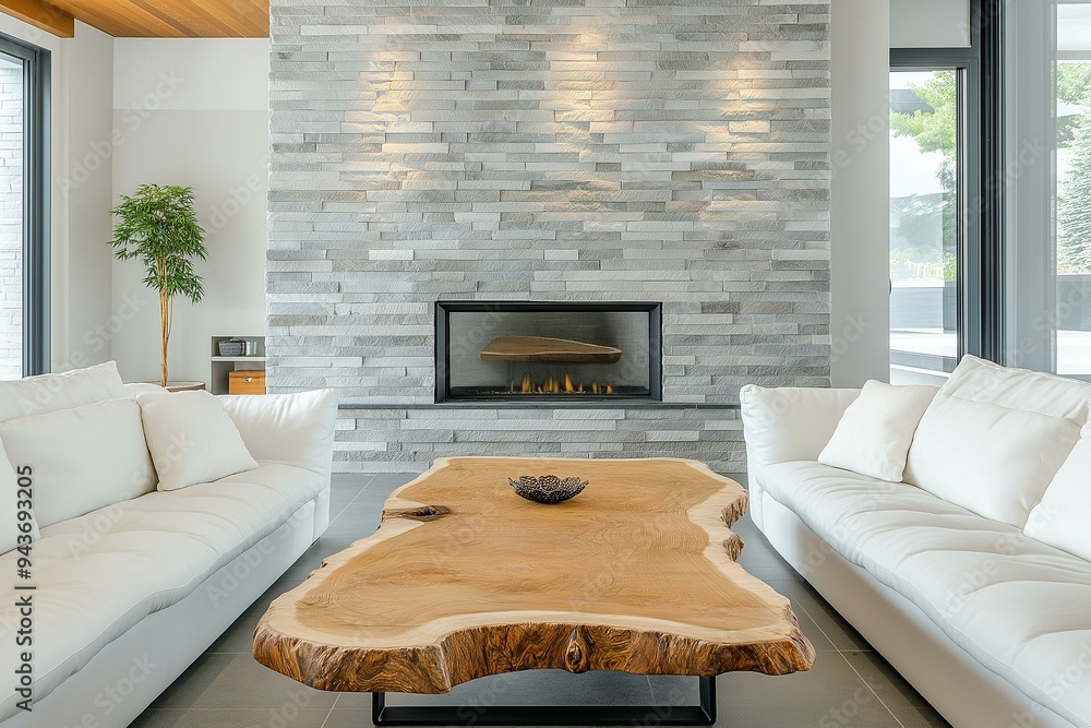 Minimalist Modern Living Room with Striking Fireplace and Unique Wooden Table