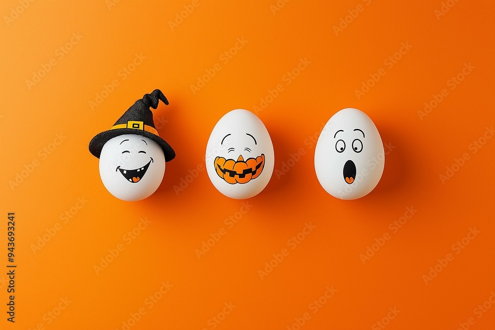 Playful Arrangement of Halloween-Themed Eggs on a Vibrant Orange Background
