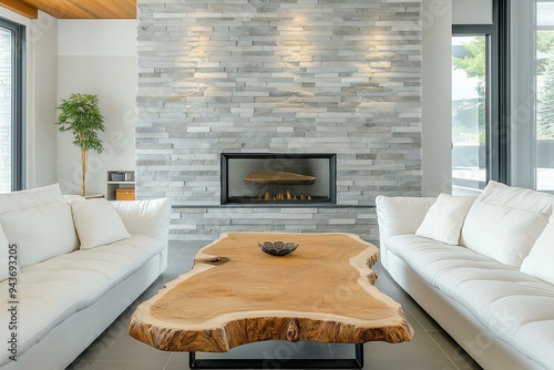 Obraz na płótnie Minimalist Modern Living Room with Striking Fireplace and Unique Wooden Table w salonie