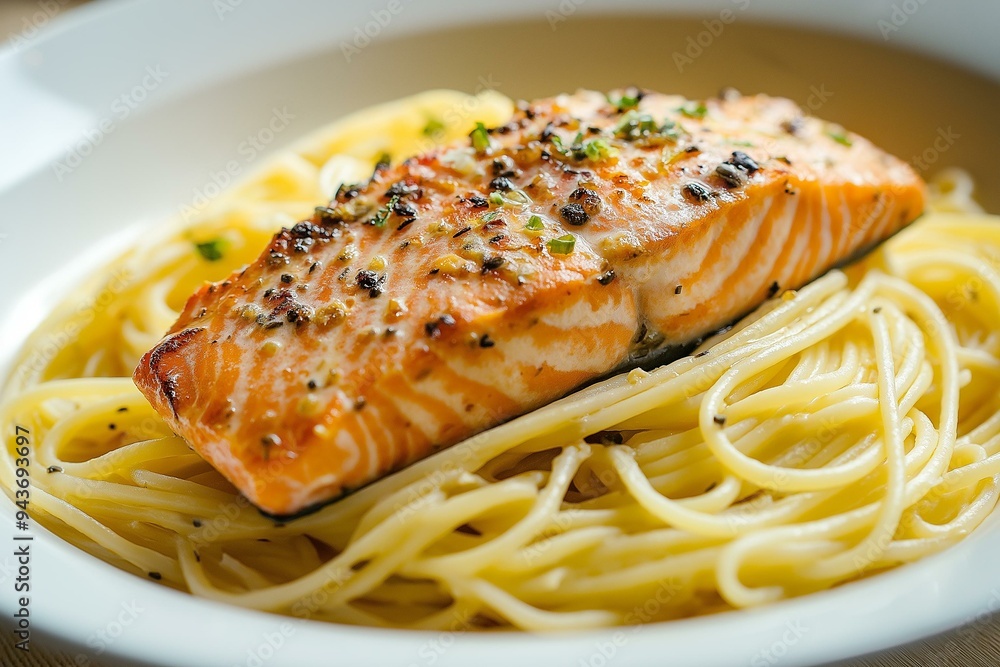 Mouth-Watering Image of Grilled Salmon on a Bed of Spaghetti