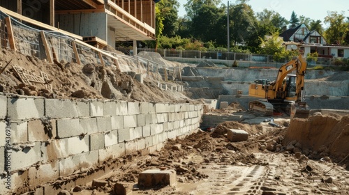 Wallpaper Mural Detailed image of a retaining wall under construction, with concrete blocks and earthmoving equipment in place Torontodigital.ca