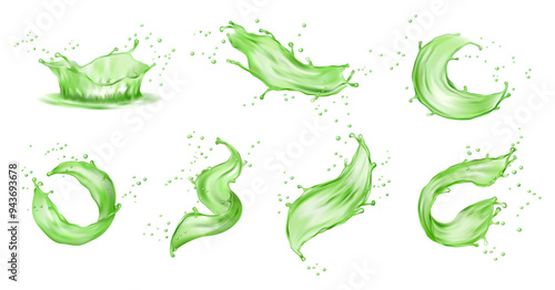 Green splashes of juice realistic juicy splatter spiral waves. Kiwi or apple fruit berries splashing juice or jam, isolated icons. Splash juice realistic juicy, smoothie swirls. Splatter spiral waves