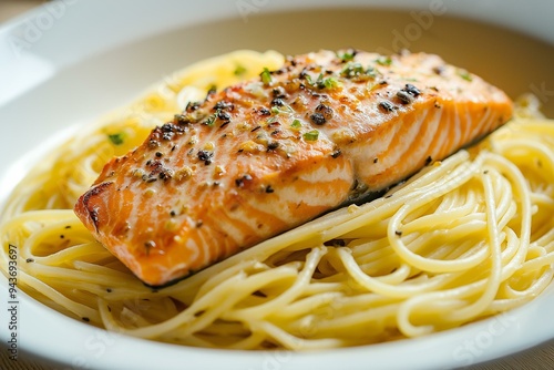 Obraz na płótnie Mouth-Watering Image of Grilled Salmon on a Bed of Spaghetti w salonie