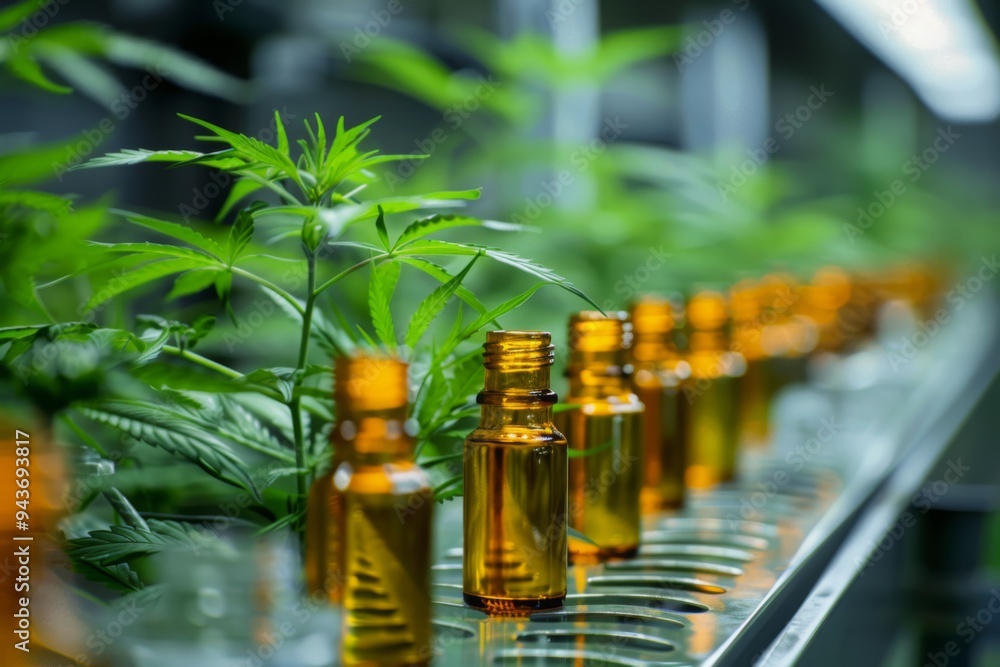 Bottles containing marijuana plants lined up in a row. Bottles containing marijuana plants lined up in a row.