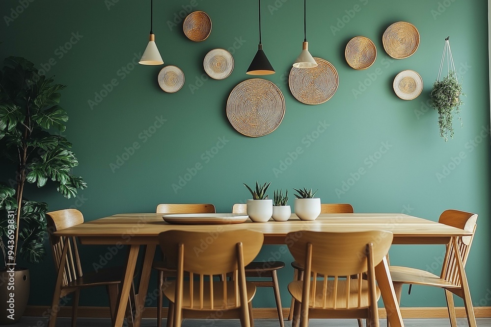 Stylish and Modern Dining Area with a Green Wall and Wooden Furniture