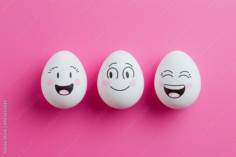Three Happy Eggs on a Pink Background