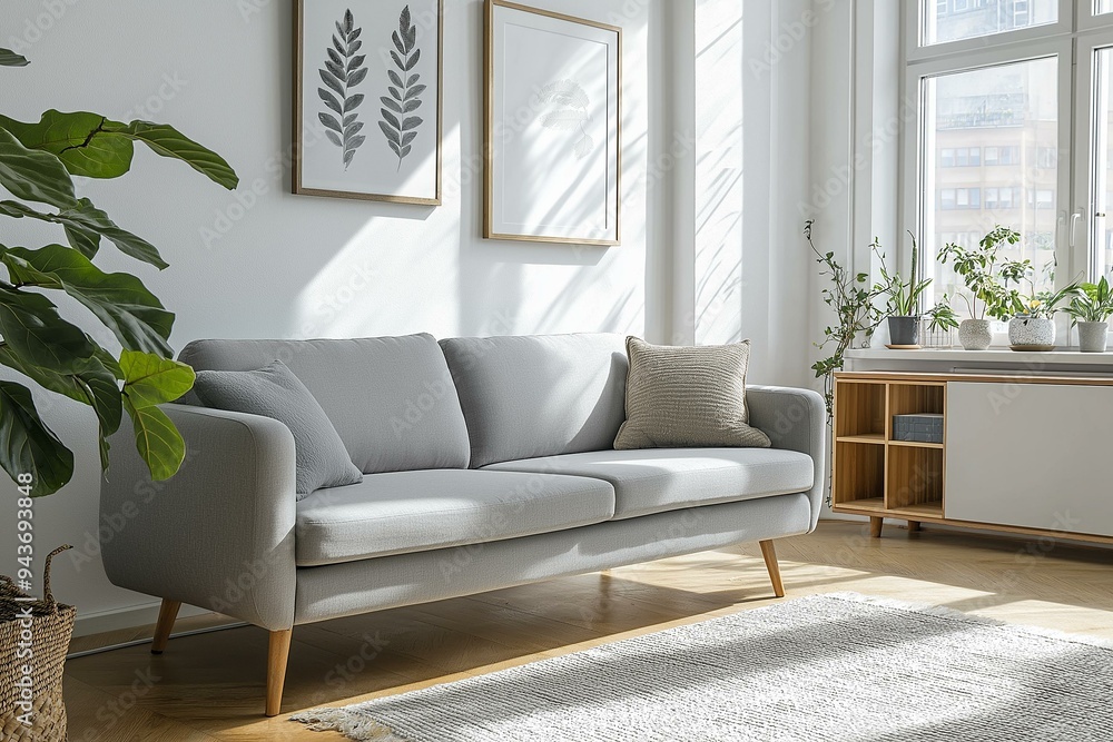 Tranquil Living Room Interior Featuring Natural Elements and Modern Furniture