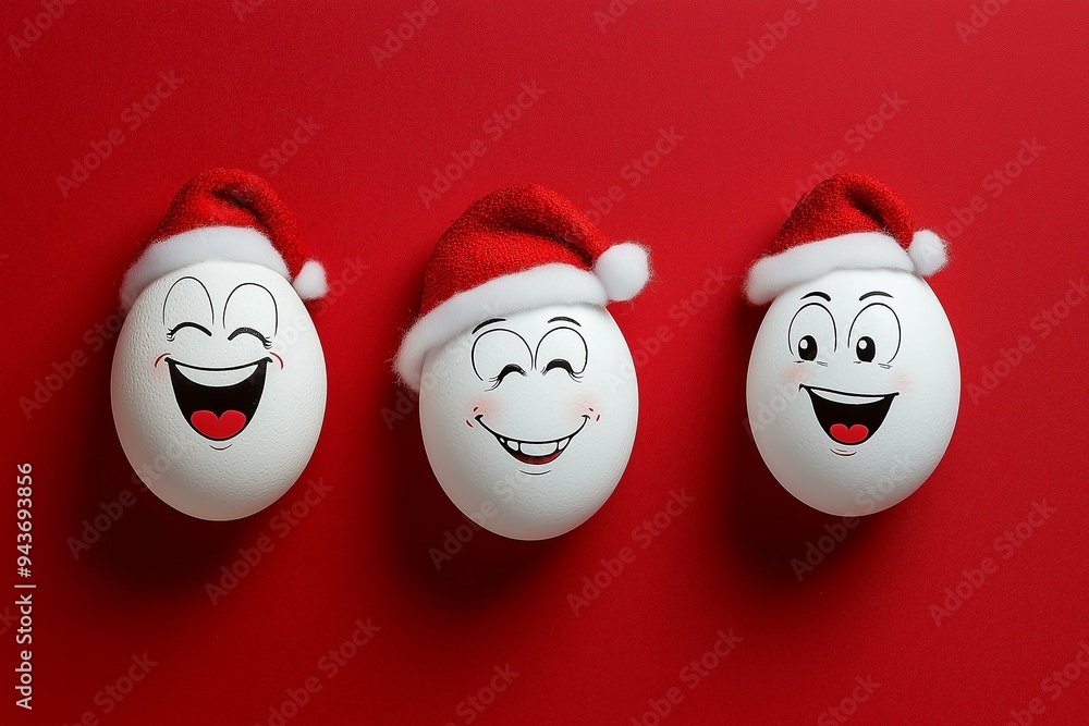 Three Joyful Eggs in Santa Hats on a Red Background